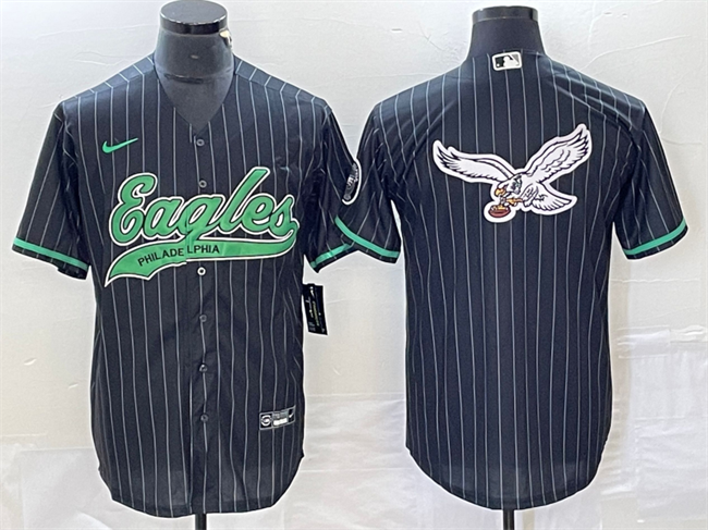 Men's Philadelphia Eagles Black Team Big Logo Cool Base Stitched Baseball Jersey - Click Image to Close